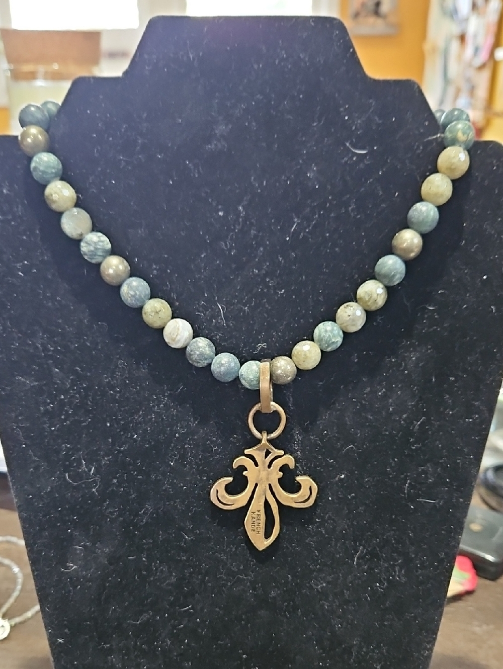 French Kande Moss Agate Beaded Pendant Necklace with Brass Fleur-de-Lis -